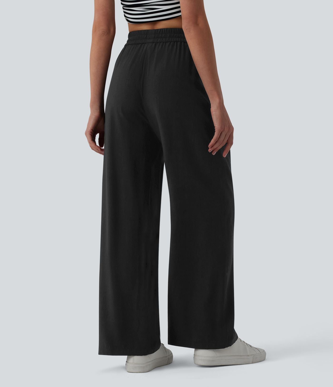 LUCIE | Pantalon décontracté taille haute à jambes larges et cordon de serrage, en lin mélangé avec poches