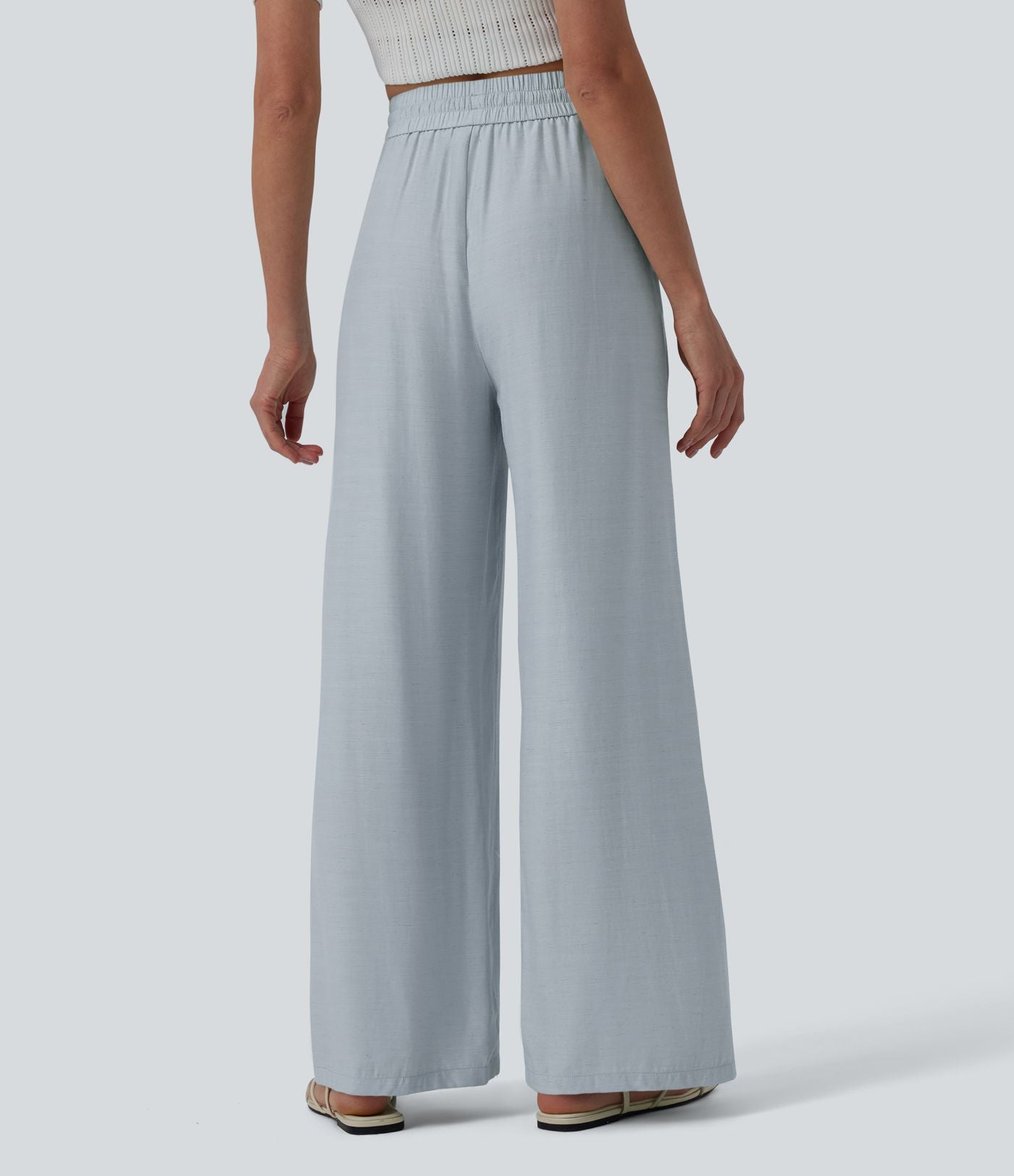 LUCIE | Pantalon décontracté taille haute à jambes larges et cordon de serrage, en lin mélangé avec poches