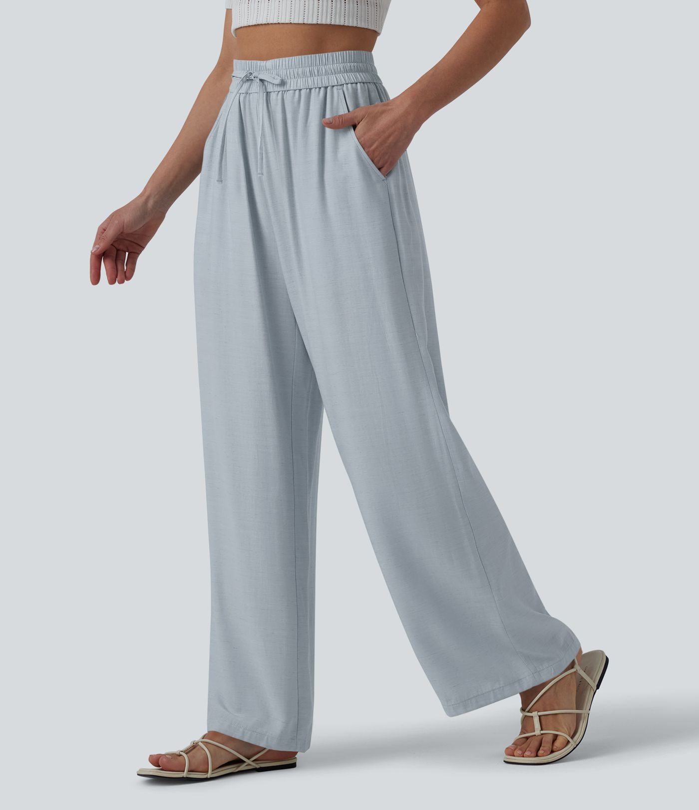 LUCIE | Pantalon décontracté taille haute à jambes larges et cordon de serrage, en lin mélangé avec poches