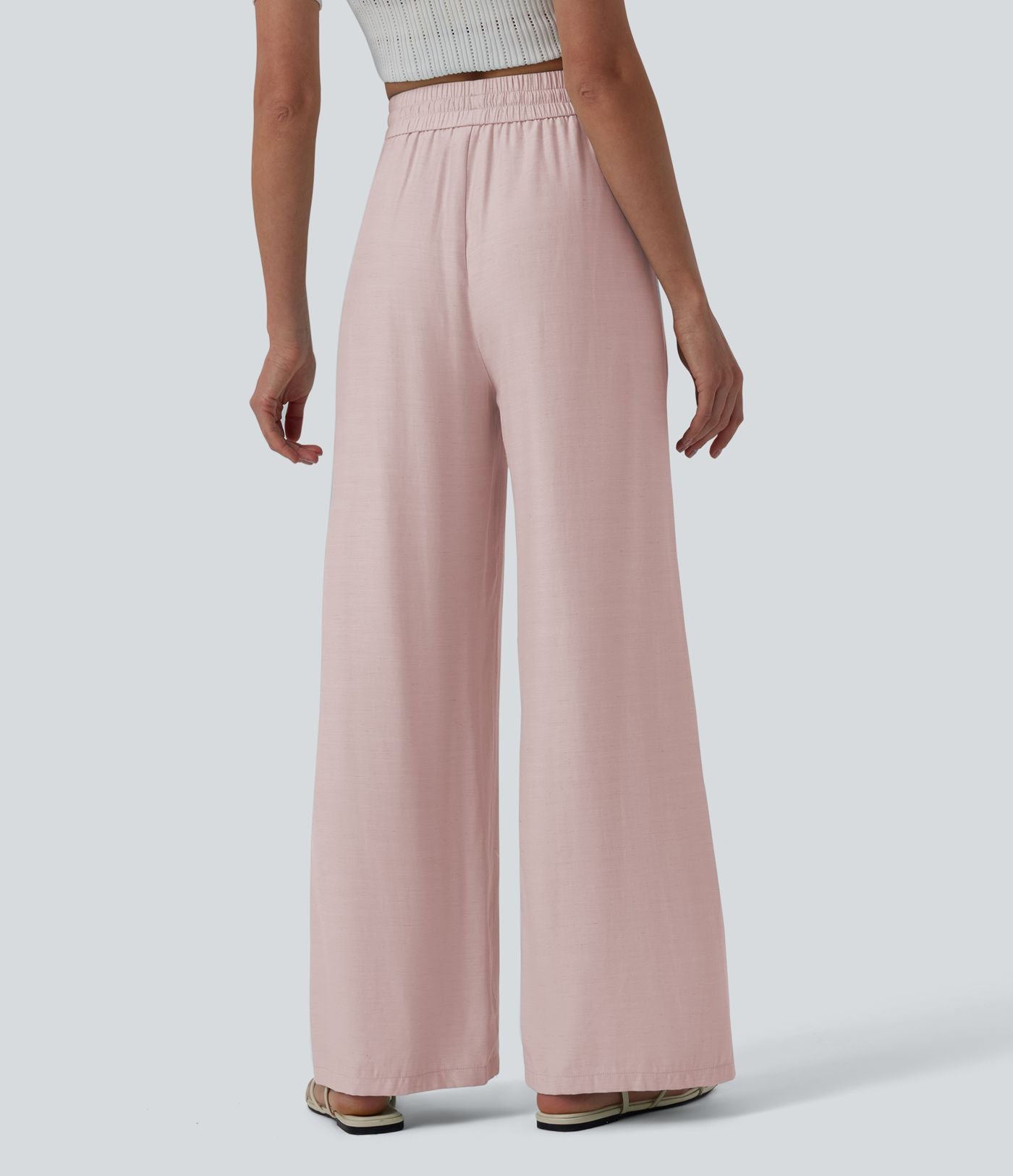 LUCIE | Pantalon décontracté taille haute à jambes larges et cordon de serrage, en lin mélangé avec poches