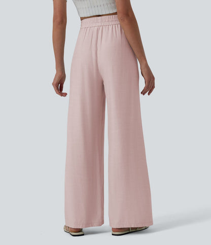 LUCIE | Pantalon décontracté taille haute à jambes larges et cordon de serrage, en lin mélangé avec poches