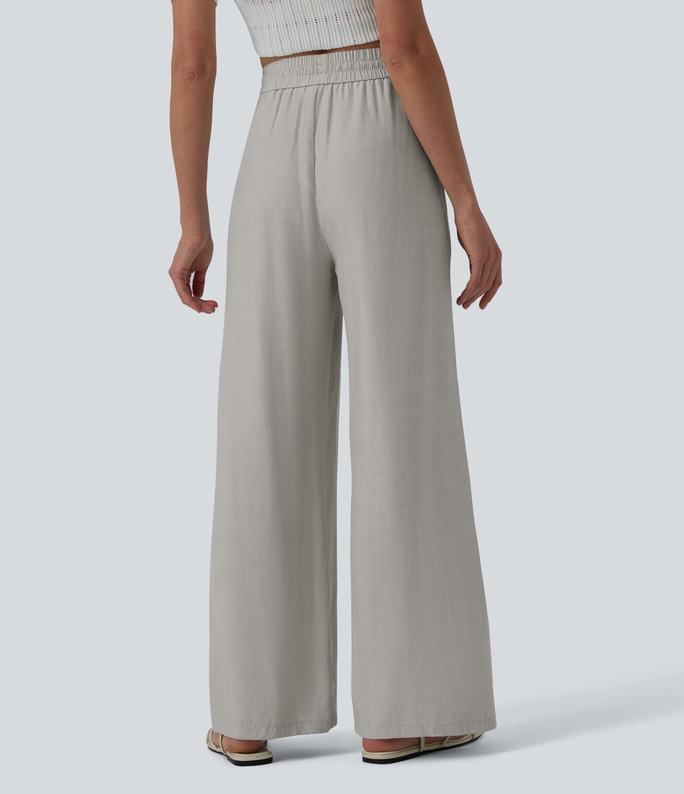 LUCIE | Pantalon décontracté taille haute à jambes larges et cordon de serrage, en lin mélangé avec poches