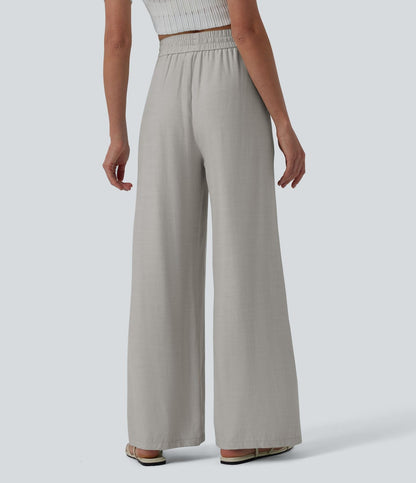 LUCIE | Pantalon décontracté taille haute à jambes larges et cordon de serrage, en lin mélangé avec poches