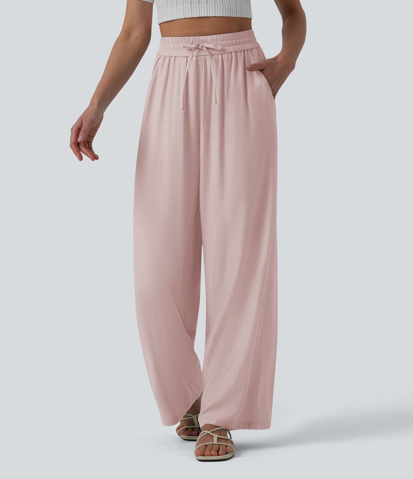 LUCIE | Pantalon décontracté taille haute à jambes larges et cordon de serrage, en lin mélangé avec poches