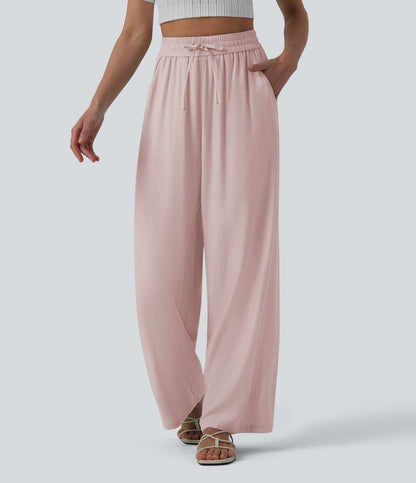 LUCIE | Pantalon décontracté taille haute à jambes larges et cordon de serrage, en lin mélangé avec poches