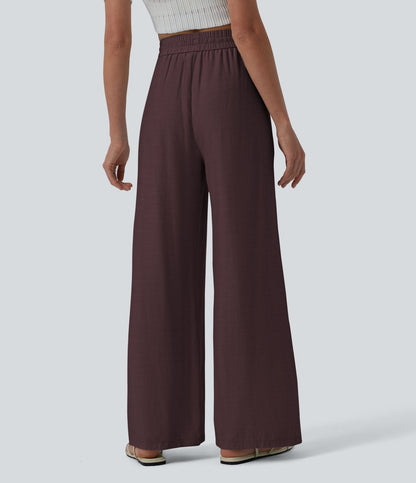 LUCIE | Pantalon décontracté taille haute à jambes larges et cordon de serrage, en lin mélangé avec poches