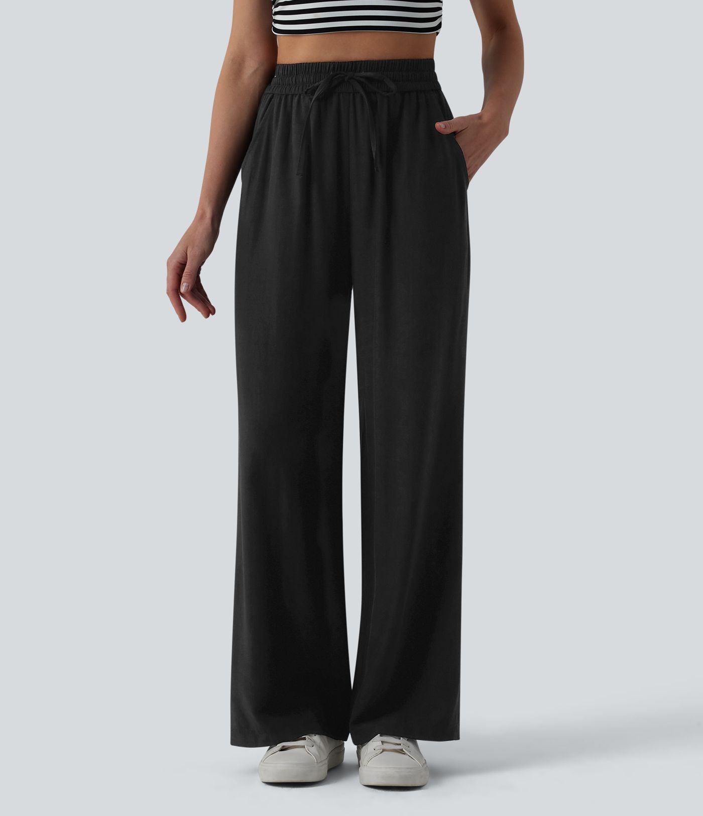 LUCIE | Pantalon décontracté taille haute à jambes larges et cordon de serrage, en lin mélangé avec poches