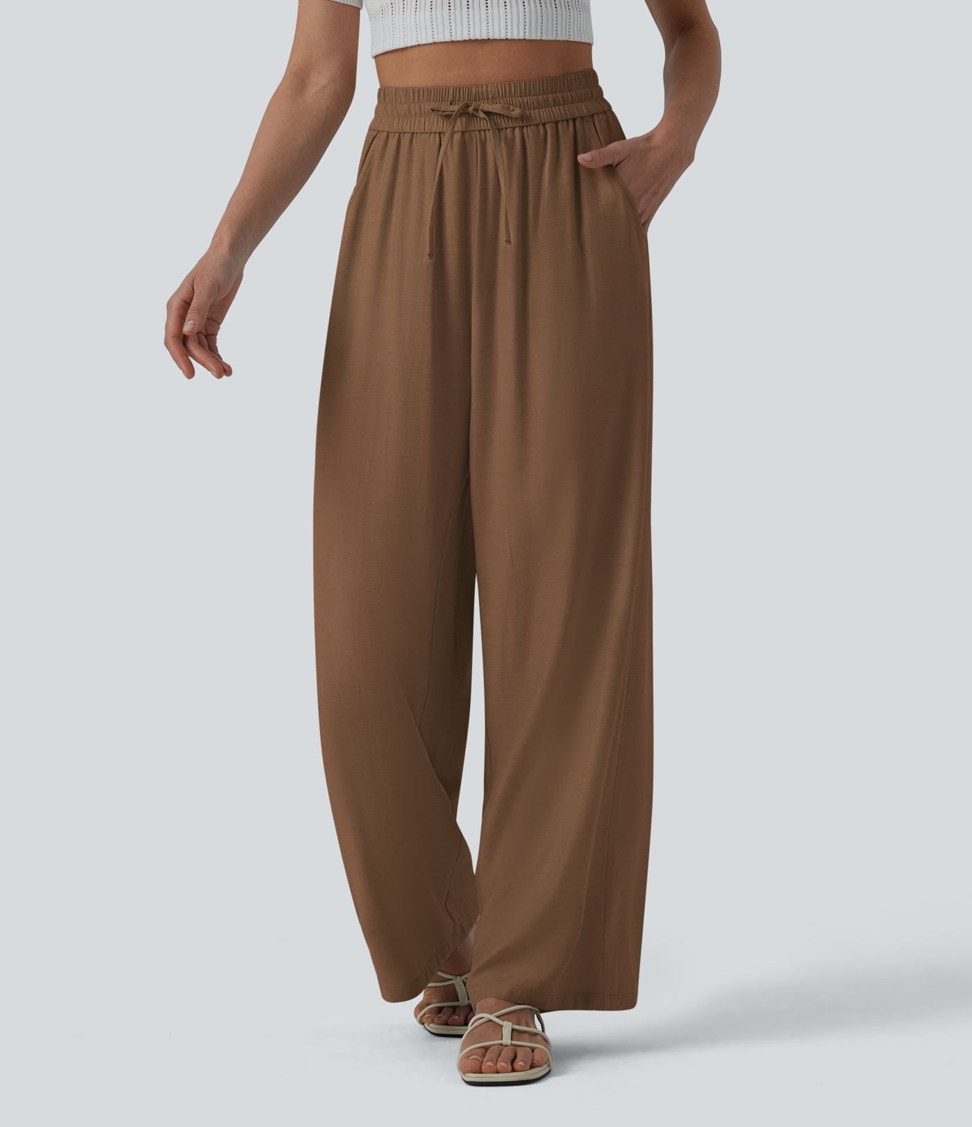 LUCIE | Pantalon décontracté taille haute à jambes larges et cordon de serrage, en lin mélangé avec poches