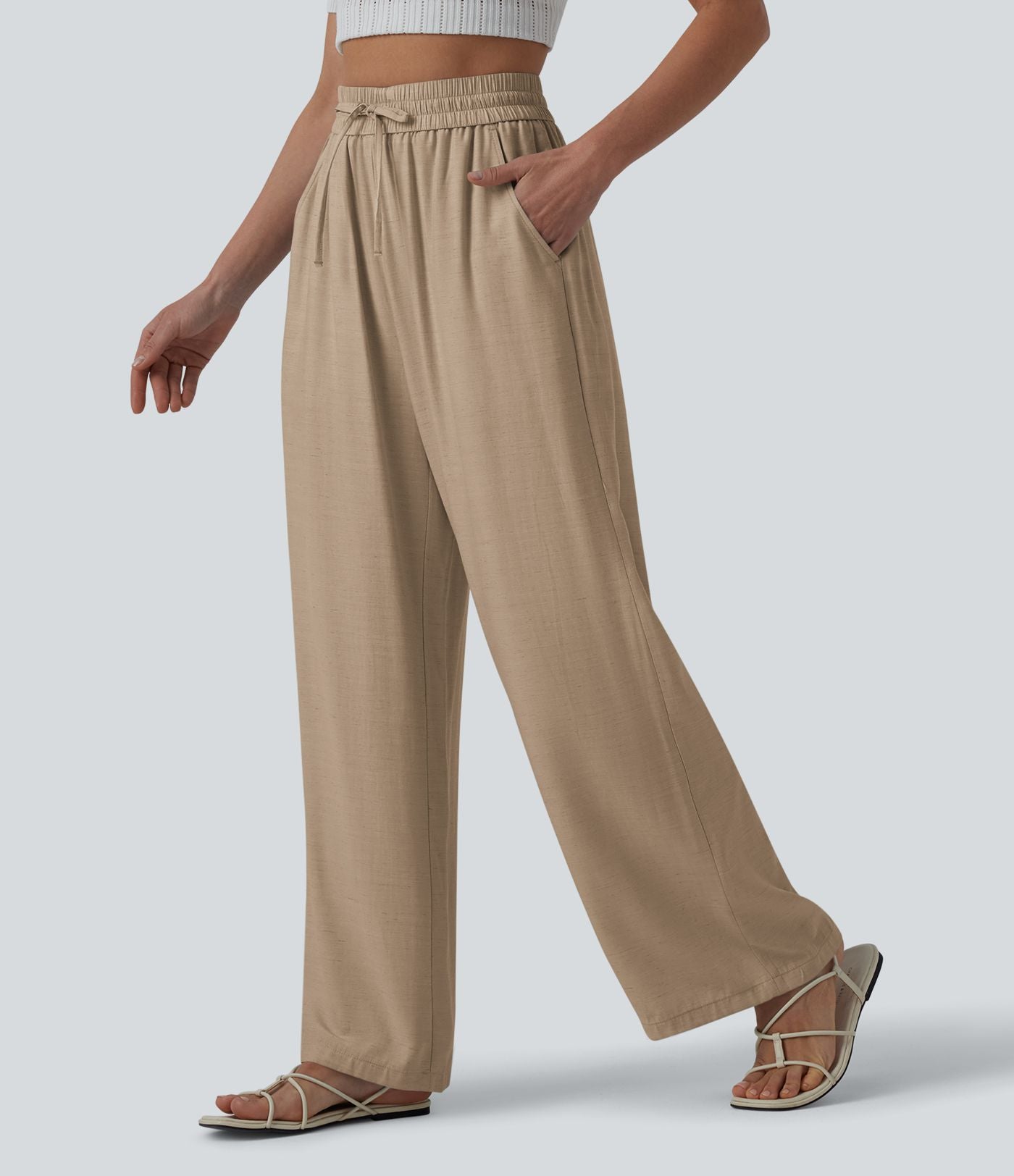 LUCIE | Pantalon décontracté taille haute à jambes larges et cordon de serrage, en lin mélangé avec poches