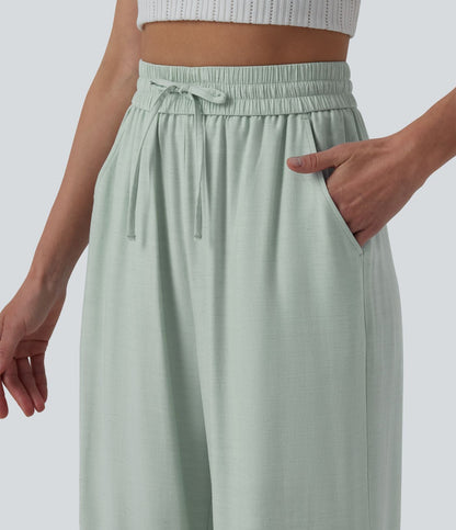 LUCIE | Pantalon décontracté taille haute à jambes larges et cordon de serrage, en lin mélangé avec poches