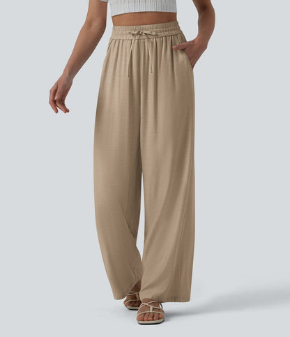 LUCIE | Pantalon décontracté taille haute à jambes larges et cordon de serrage, en lin mélangé avec poches
