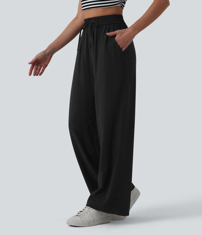 LUCIE | Pantalon décontracté taille haute à jambes larges et cordon de serrage, en lin mélangé avec poches