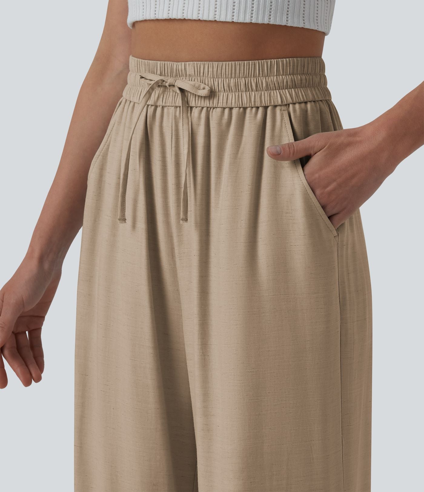 LUCIE | Pantalon décontracté taille haute à jambes larges et cordon de serrage, en lin mélangé avec poches