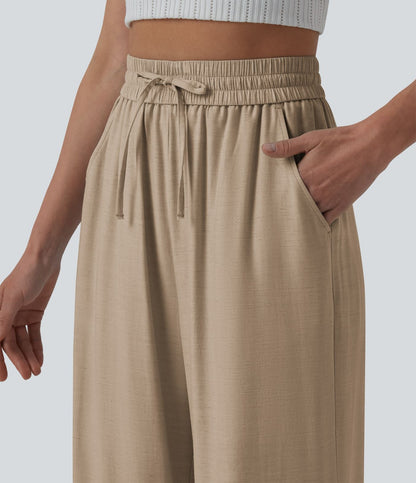 LUCIE | Pantalon décontracté taille haute à jambes larges et cordon de serrage, en lin mélangé avec poches
