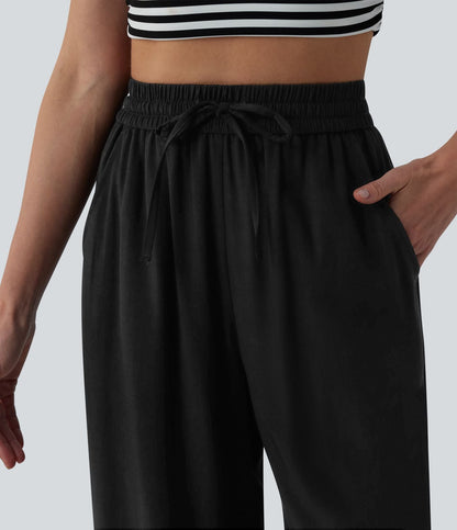 LUCIE | Pantalon décontracté taille haute à jambes larges et cordon de serrage, en lin mélangé avec poches