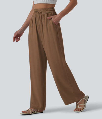 LUCIE | Pantalon décontracté taille haute à jambes larges et cordon de serrage, en lin mélangé avec poches