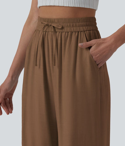 LUCIE | Pantalon décontracté taille haute à jambes larges et cordon de serrage, en lin mélangé avec poches