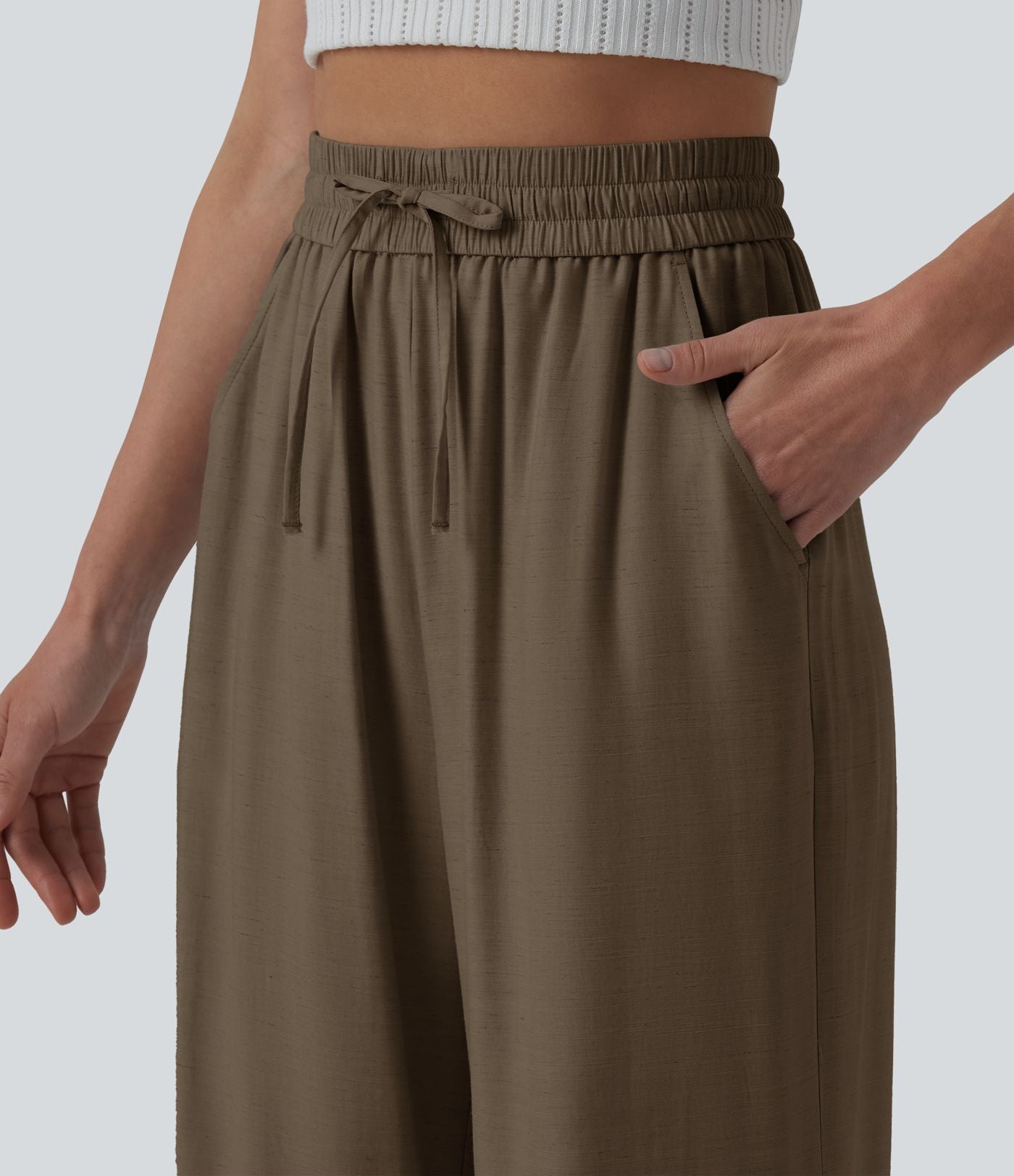 LUCIE | Pantalon décontracté taille haute à jambes larges et cordon de serrage, en lin mélangé avec poches