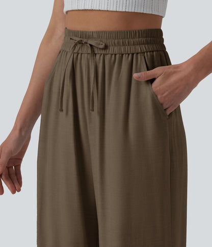 LUCIE | Pantalon décontracté taille haute à jambes larges et cordon de serrage, en lin mélangé avec poches