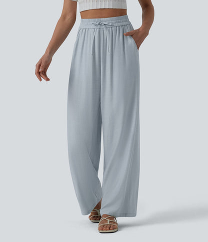 LUCIE | Pantalon décontracté taille haute à jambes larges et cordon de serrage, en lin mélangé avec poches