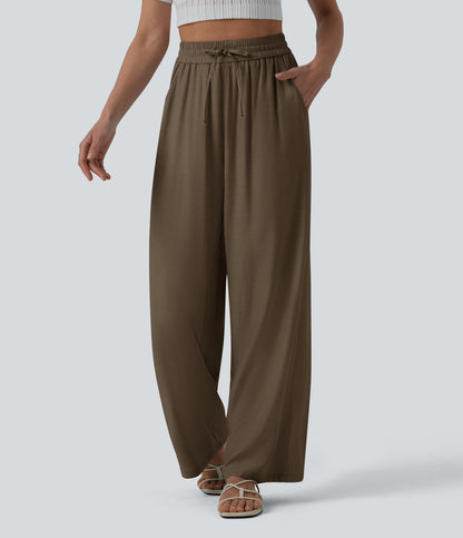 LUCIE | Pantalon décontracté taille haute à jambes larges et cordon de serrage, en lin mélangé avec poches