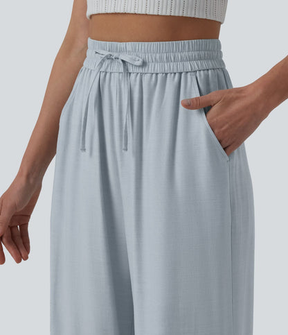 LUCIE | Pantalon décontracté taille haute à jambes larges et cordon de serrage, en lin mélangé avec poches