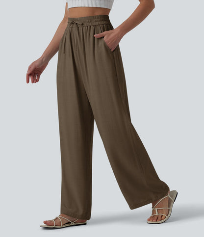 LUCIE | Pantalon décontracté taille haute à jambes larges et cordon de serrage, en lin mélangé avec poches