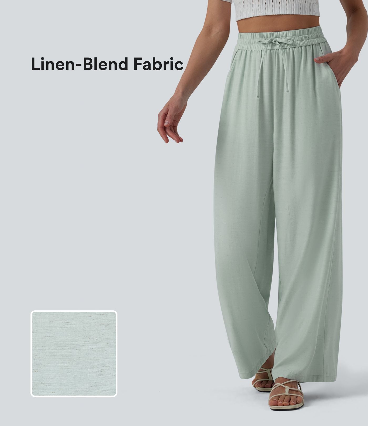 LUCIE | Pantalon décontracté taille haute à jambes larges et cordon de serrage, en lin mélangé avec poches