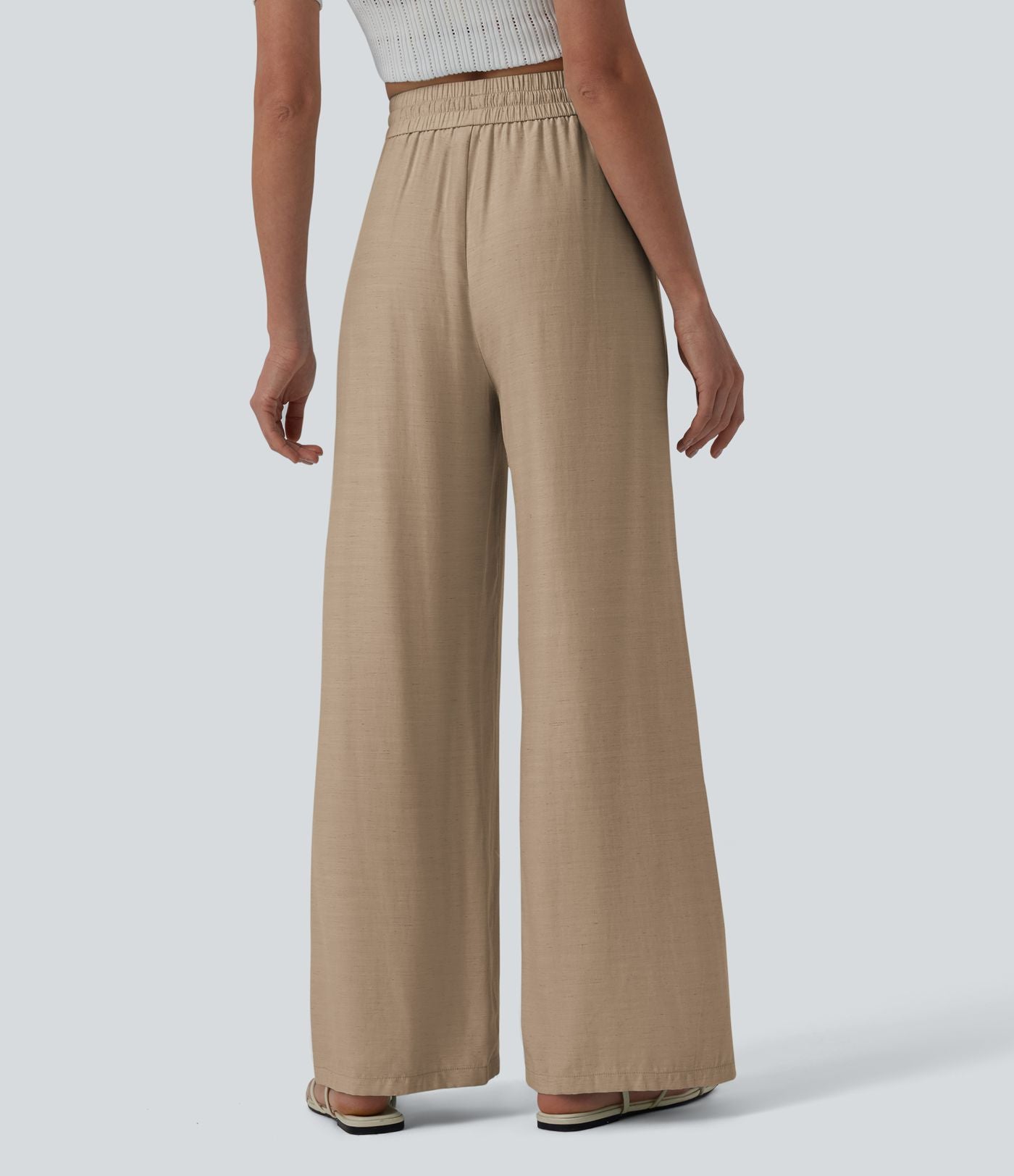 LUCIE | Pantalon décontracté taille haute à jambes larges et cordon de serrage, en lin mélangé avec poches