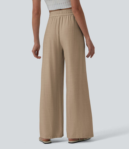 LUCIE | Pantalon décontracté taille haute à jambes larges et cordon de serrage, en lin mélangé avec poches