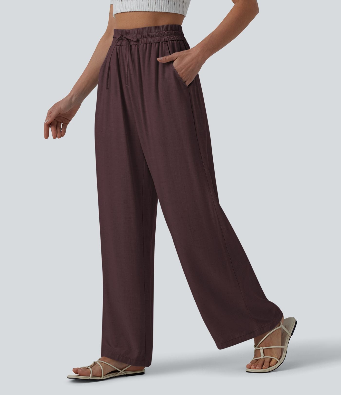 LUCIE | Pantalon décontracté taille haute à jambes larges et cordon de serrage, en lin mélangé avec poches
