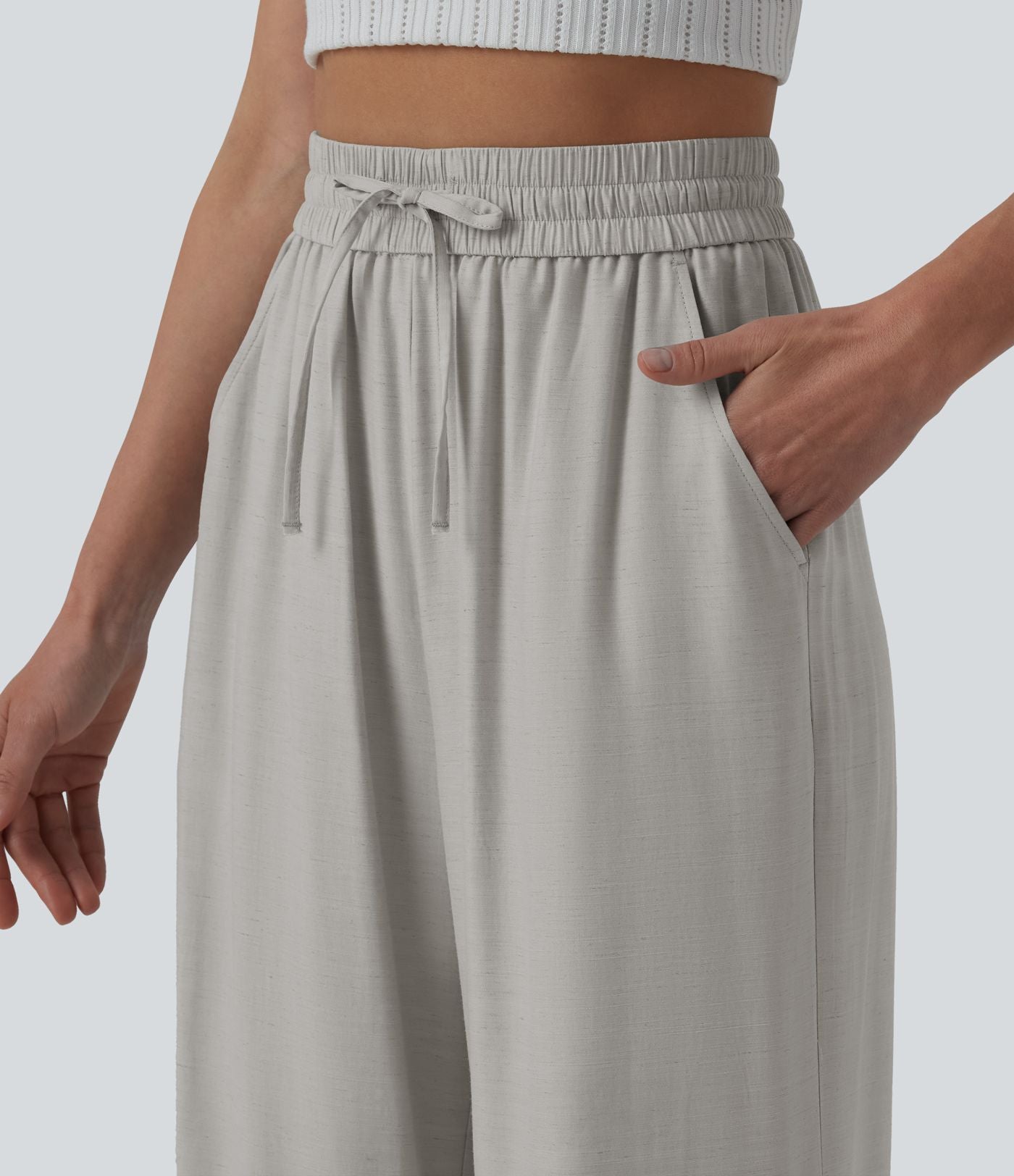 LUCIE | Pantalon décontracté taille haute à jambes larges et cordon de serrage, en lin mélangé avec poches