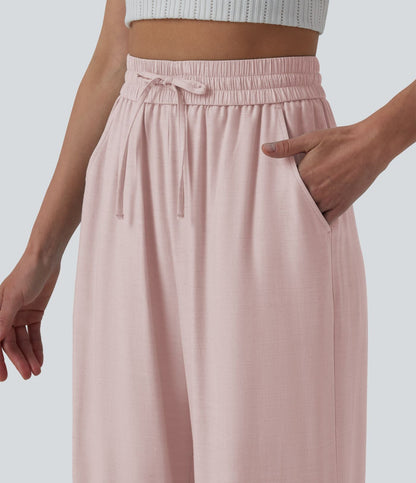 LUCIE | Pantalon décontracté taille haute à jambes larges et cordon de serrage, en lin mélangé avec poches