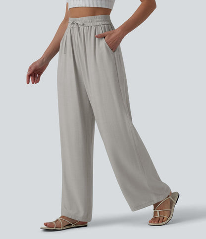 LUCIE | Pantalon décontracté taille haute à jambes larges et cordon de serrage, en lin mélangé avec poches