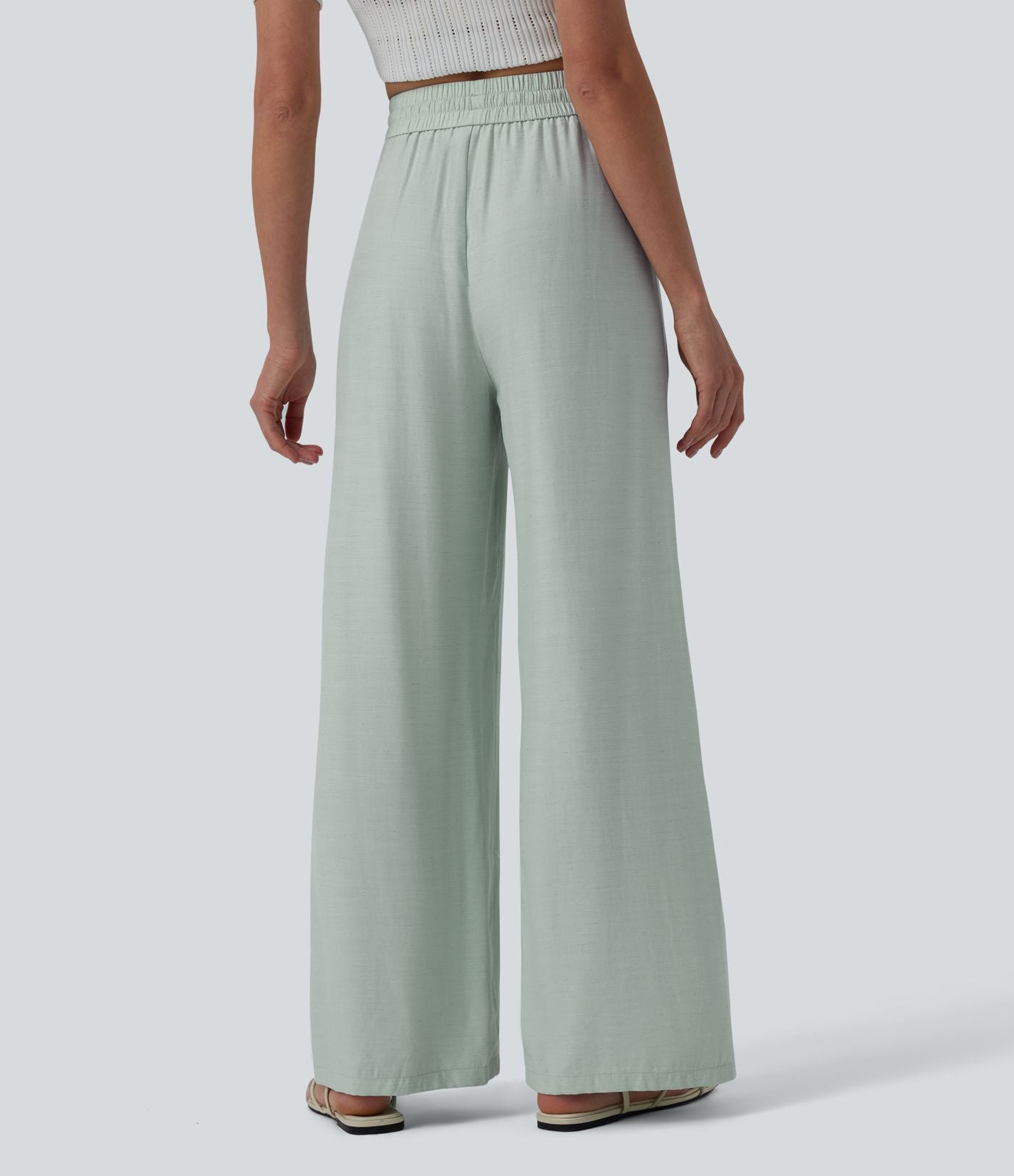 LUCIE | Pantalon décontracté taille haute à jambes larges et cordon de serrage, en lin mélangé avec poches