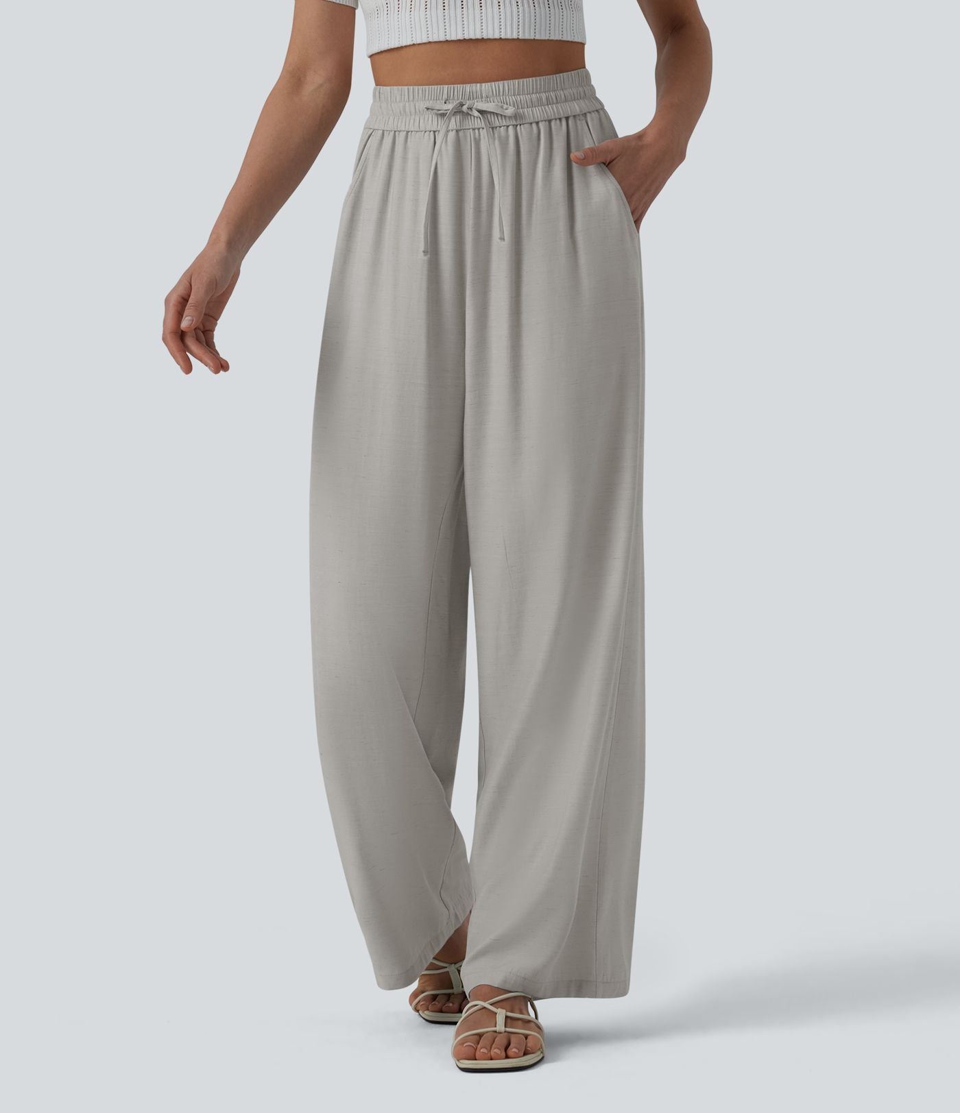 LUCIE | Pantalon décontracté taille haute à jambes larges et cordon de serrage, en lin mélangé avec poches