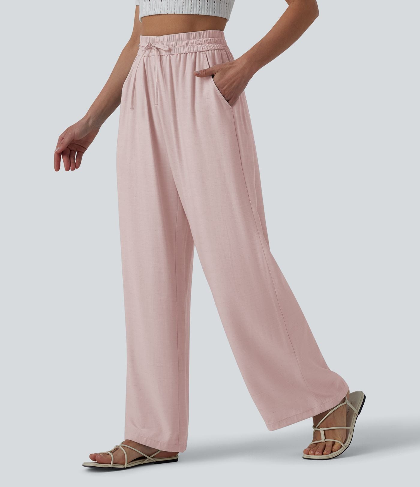 LUCIE | Pantalon décontracté taille haute à jambes larges et cordon de serrage, en lin mélangé avec poches
