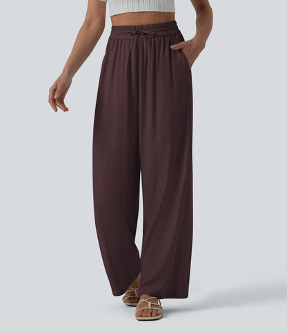 LUCIE | Pantalon décontracté taille haute à jambes larges et cordon de serrage, en lin mélangé avec poches
