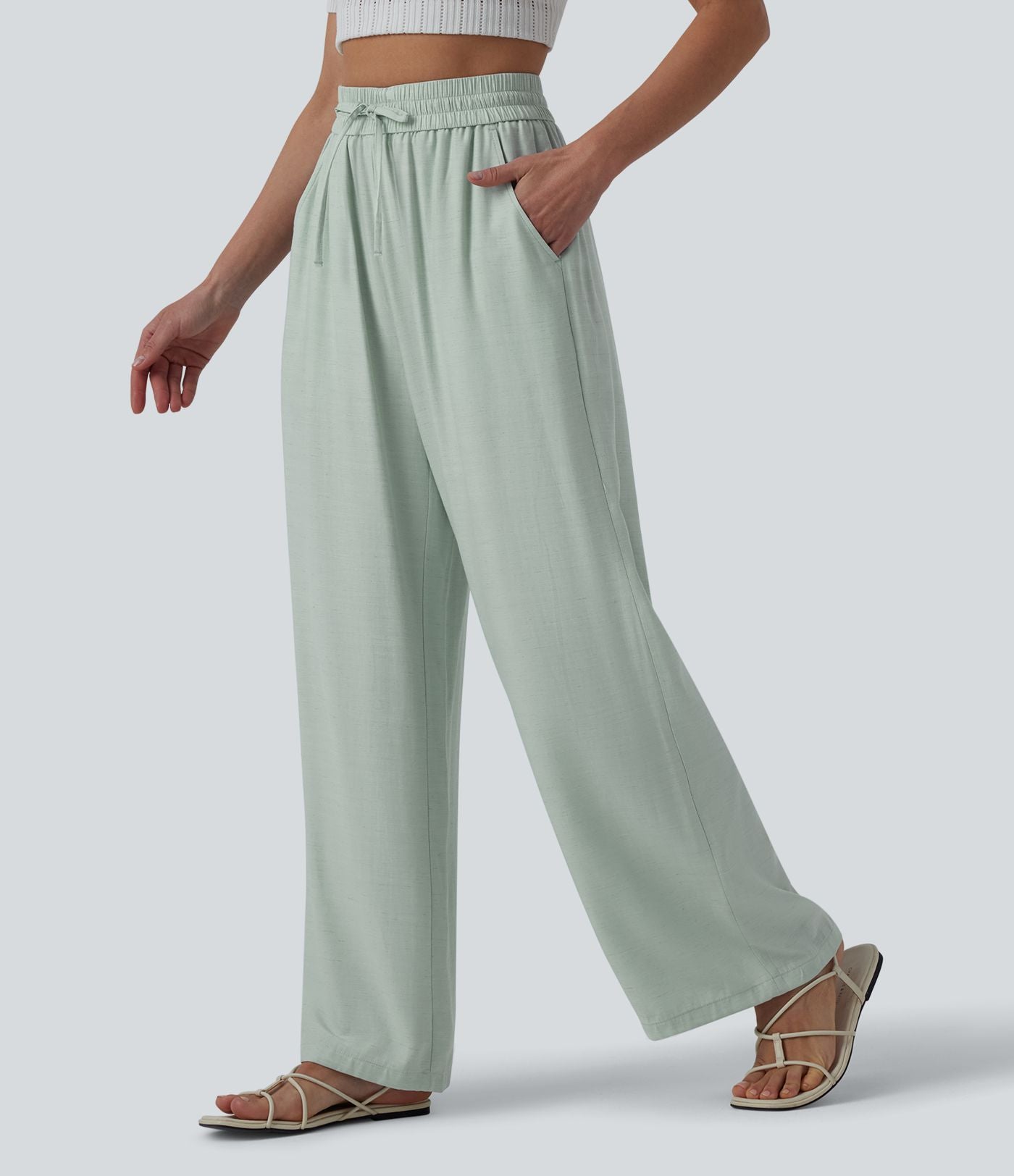 LUCIE | Pantalon décontracté taille haute à jambes larges et cordon de serrage, en lin mélangé avec poches