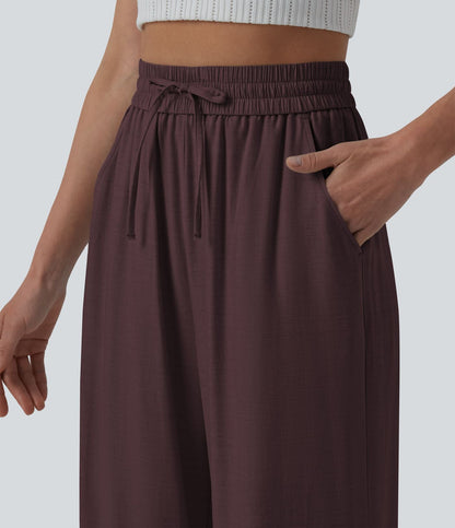 LUCIE | Pantalon décontracté taille haute à jambes larges et cordon de serrage, en lin mélangé avec poches