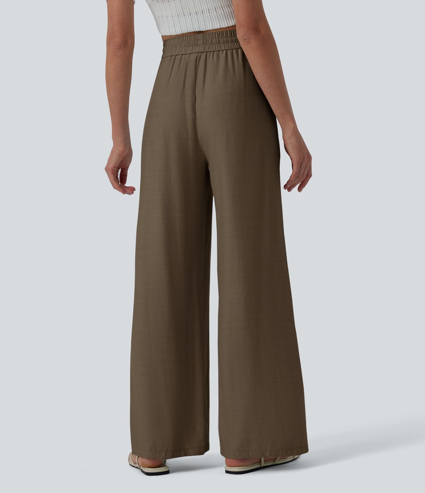 LUCIE | Pantalon décontracté taille haute à jambes larges et cordon de serrage, en lin mélangé avec poches