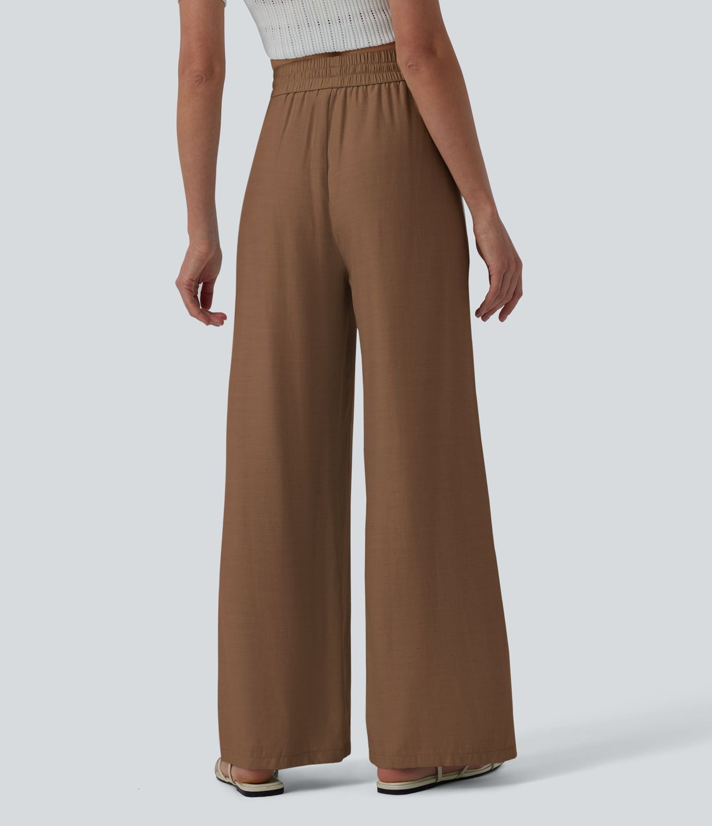 LUCIE | Pantalon décontracté taille haute à jambes larges et cordon de serrage, en lin mélangé avec poches